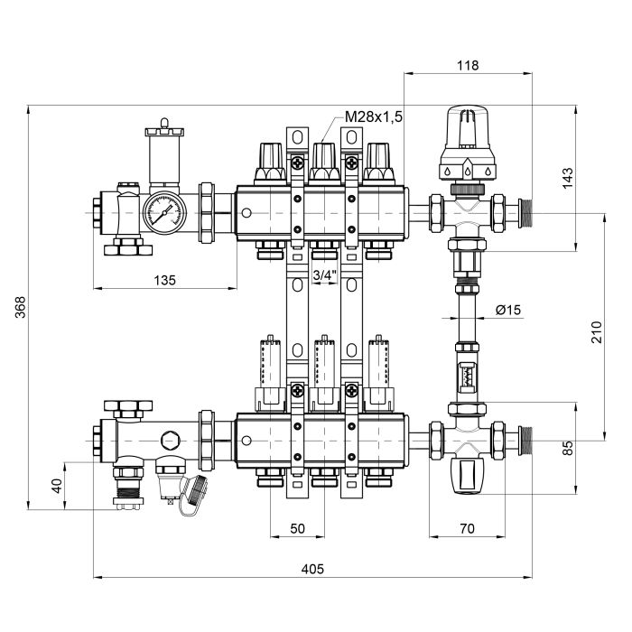 Коллекторная группа Icma 1" 3 выхода, с расходомером №K0111