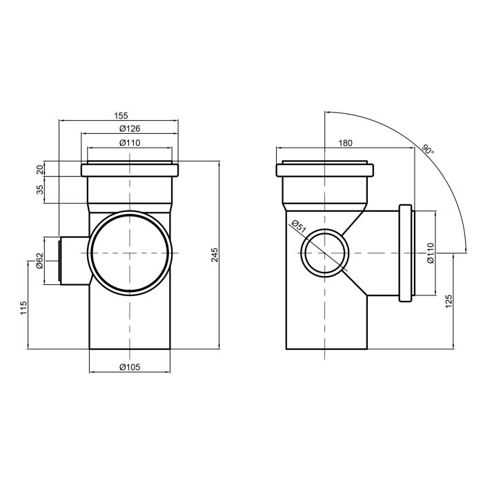 Крестовина канализационная TA Sewage 110х110х110х50,90° (левая)